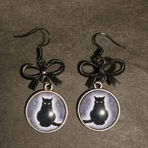Black Cat Earrings with Bow Accents
